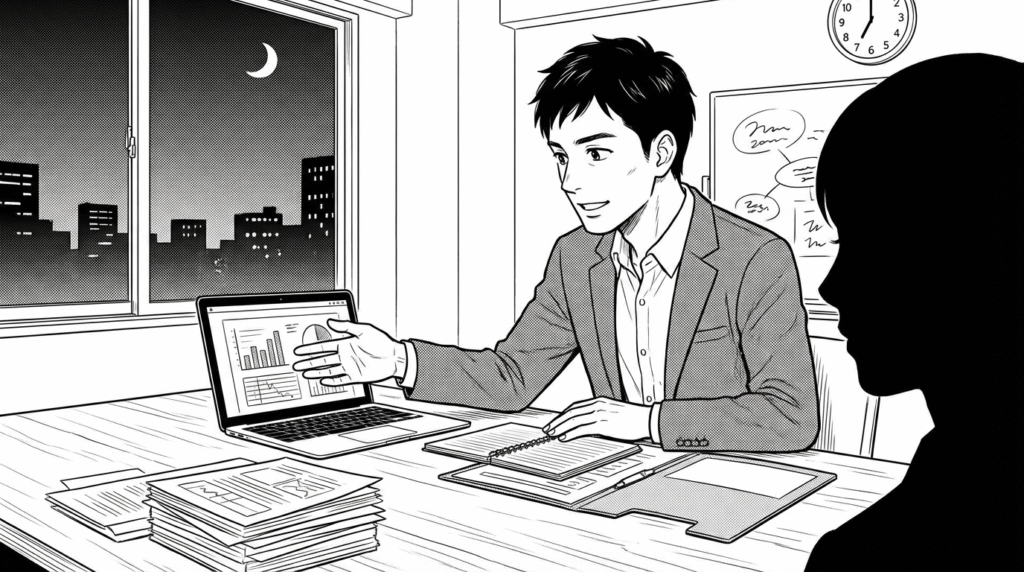 夕暮れのオフィスでクライアントと打ち合わせする男性の線画イラスト