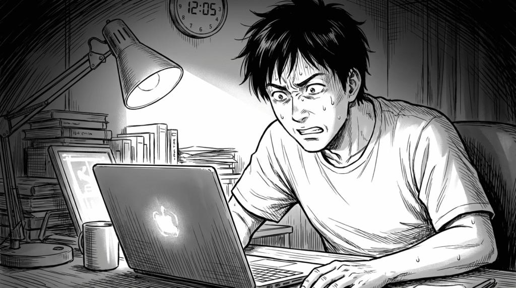 自宅のデスクでノートPCを開き、深夜にコードと格闘する40代男性の線画イラスト