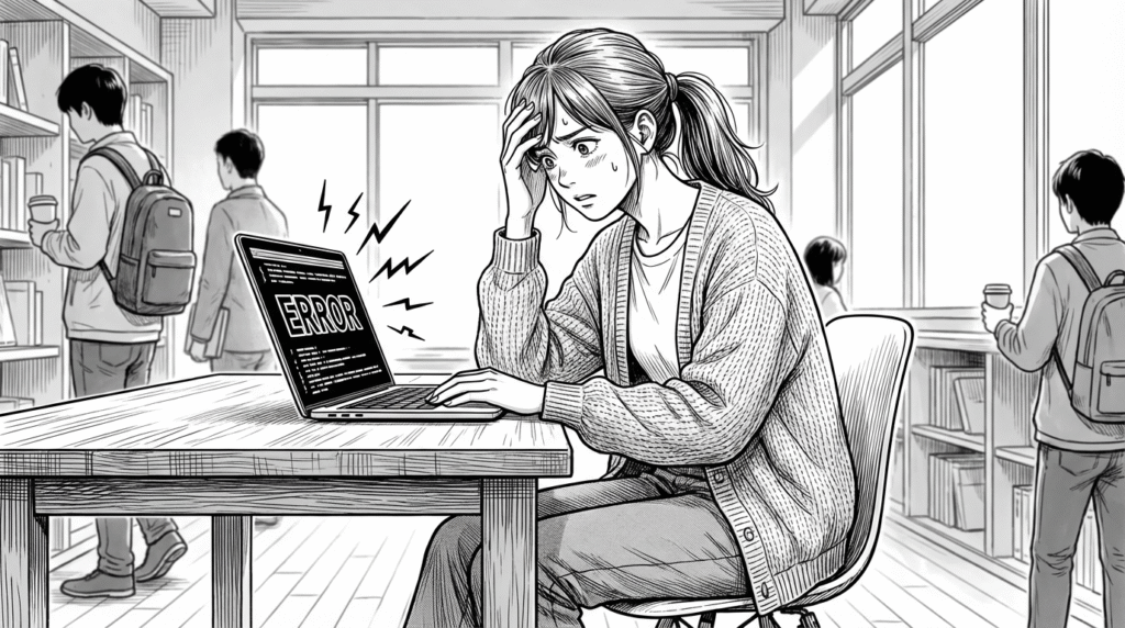 カフェでノートに強化学習の概念図を書きながら学習する30代女性の線画イラスト