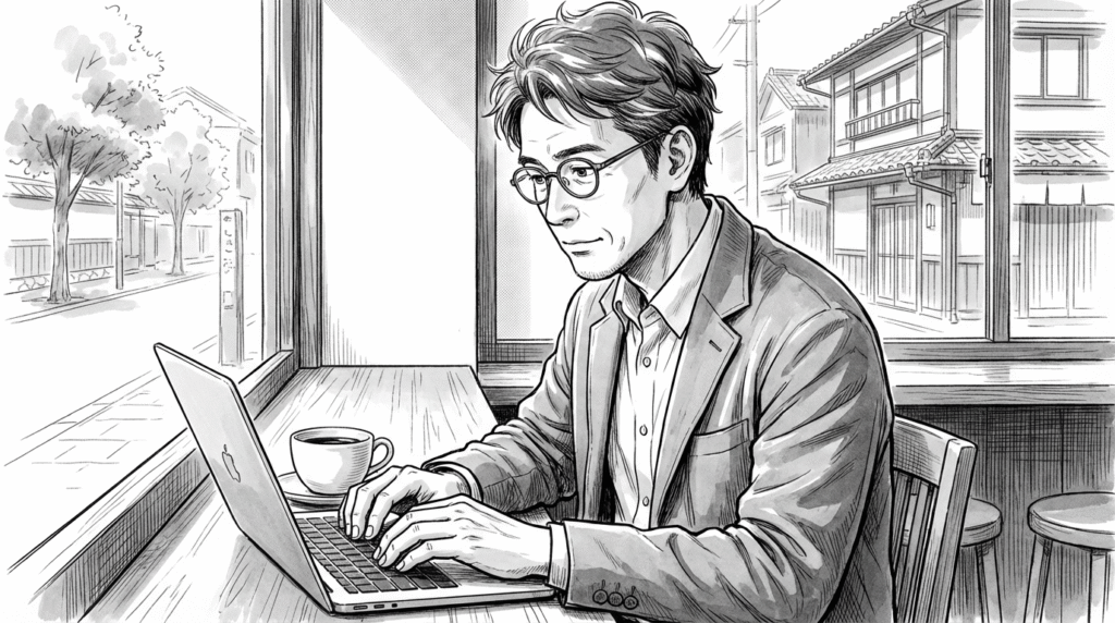 コワーキングスペースでホワイトボードにアルゴリズムを書きながら説明する様子の線画イラスト