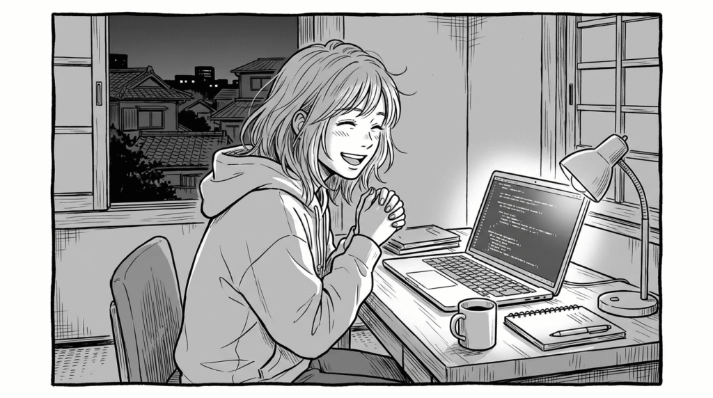 自宅でPythonコードを書きながら実装に成功して喜ぶ表情の線画イラスト