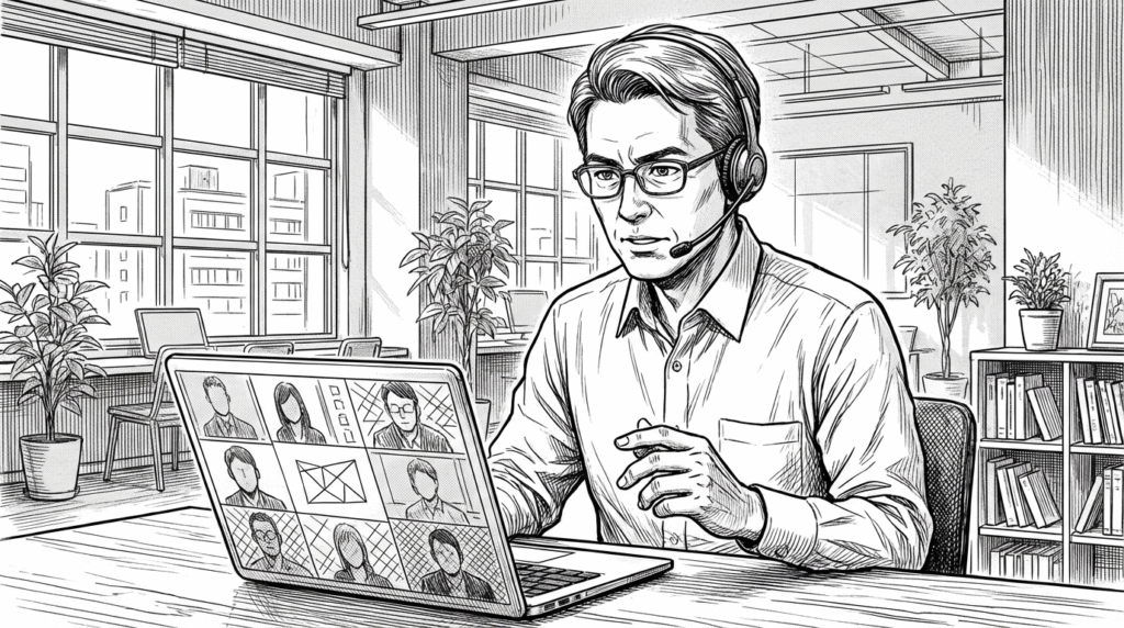 深夜、自宅でコードが動いて達成感を感じる表情の線画イラスト