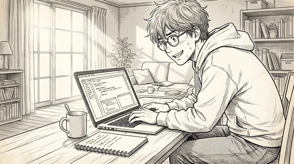 自宅のリビングでパソコンに向かい、初めてのゲーム開発にわくわくしながら取り組む男性の線画イラスト