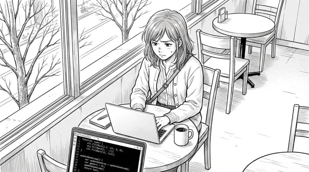 カフェでノートPCに向かい、ゲームの基本ロジックを学びながら悩む女性の線画イラスト