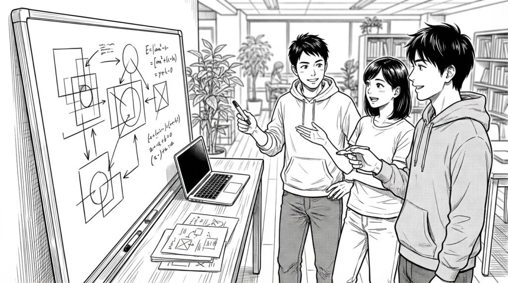 コワーキングスペースでホワイトボードを使いながらゲームロジックを相談している男女の線画イラスト