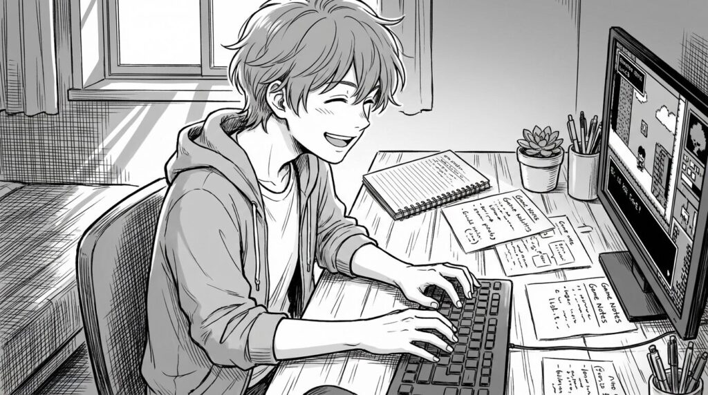 自宅のデスクでテストプレイをしながらキーボード操作を確認している若手エンジニアの線画イラスト