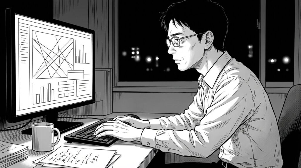 深夜の部屋でゲームのバグを修正しながらも集中している中年エンジニアの線画イラスト
