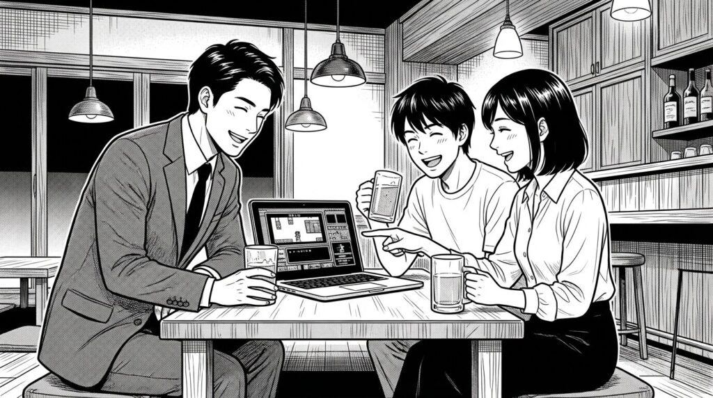 完成したゲームを友人たちとテストプレイして笑い合う男女の線画イラスト