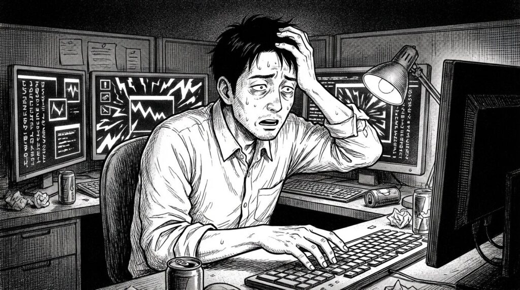 深夜のオフィスで、複数のモニターに表示された赤いエラーログ(コンテナダウン)を見て、頭を抱えながら必死にコマンドを叩いているエンジニアの線画イラスト