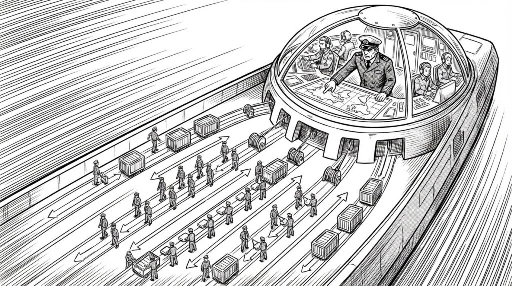 巨大な船(クラスター)のブリッジで、船長(コントロールプレーン)が地図を見ながら指示を出し、甲板で船員たち(ワーカーノード)がコンテナを積み込んでいる様子の線画イラスト