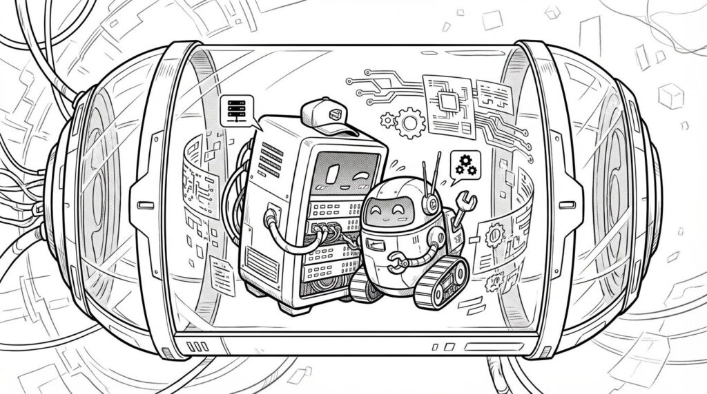 一つの透明なカプセル(Pod)の中に、メインのキャラクター(コンテナ)と、それをサポートする小さなロボット(サイドカーコンテナ)が一緒に入って活動している様子の線画イラスト