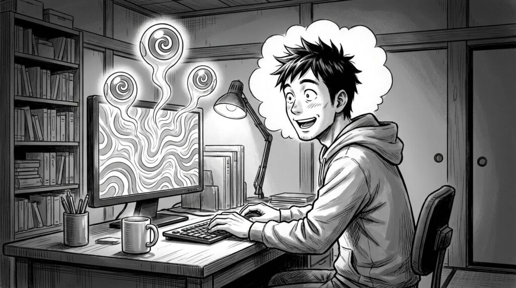 PC画面に表示されたYAMLファイルを見ながら、コマンドを入力して「Apply」した瞬間、画面上に3つのPodアイコンがポンポンと現れる様子を見て喜ぶエンジニアの線画イラスト