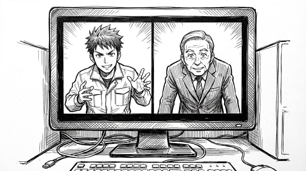 オンラインミーティングの画面越しに、クライアントに対してKubernetes導入による「自動復旧」や「スケーリング」のメリットを提案し、クライアントが身を乗り出して聞いている線画イラスト