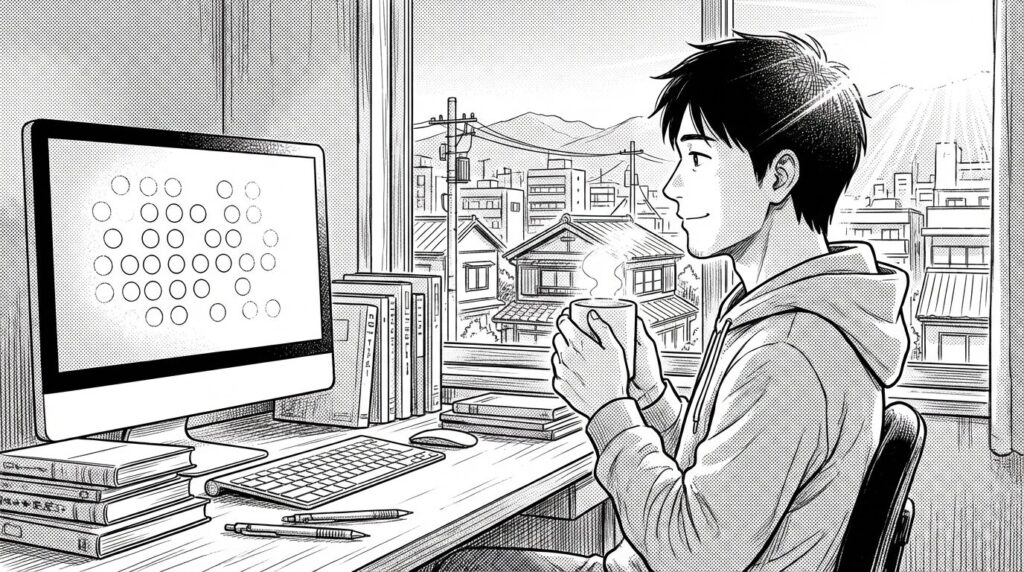 朝日が差し込む窓辺のデスクで、PC画面に表示されたKubernetesのダッシュボード(全てのステータスがグリーンの正常状態)を見て、コーヒーを飲みながら穏やかな笑顔を浮かべるエンジニアの線画イラスト