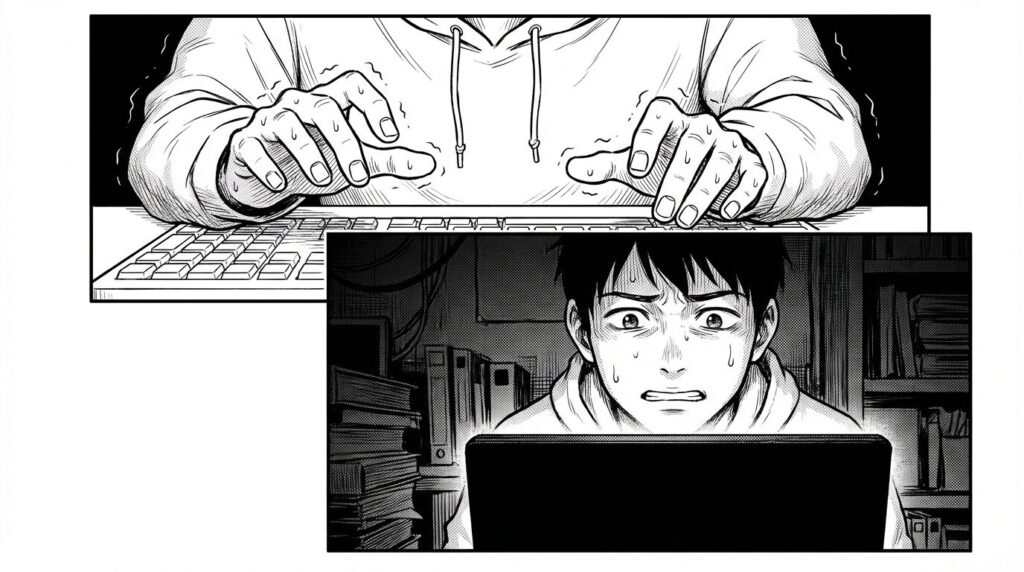 深夜のオフィスで、真っ黒な画面(ターミナル)が表示されたモニターを前に、冷や汗をかきながらキーボードに手を置いている若手エンジニアの背中を描いた線画イラスト