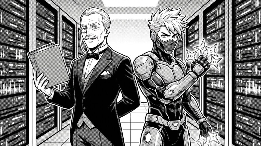 Apacheをイメージした重厚な執事と、Nginxをイメージした近未来的な忍者が背中合わせに立っている様子。それぞれの特徴を表すアイテム(執事は分厚い本、忍者は手裏剣のような光)を持っているイラスト