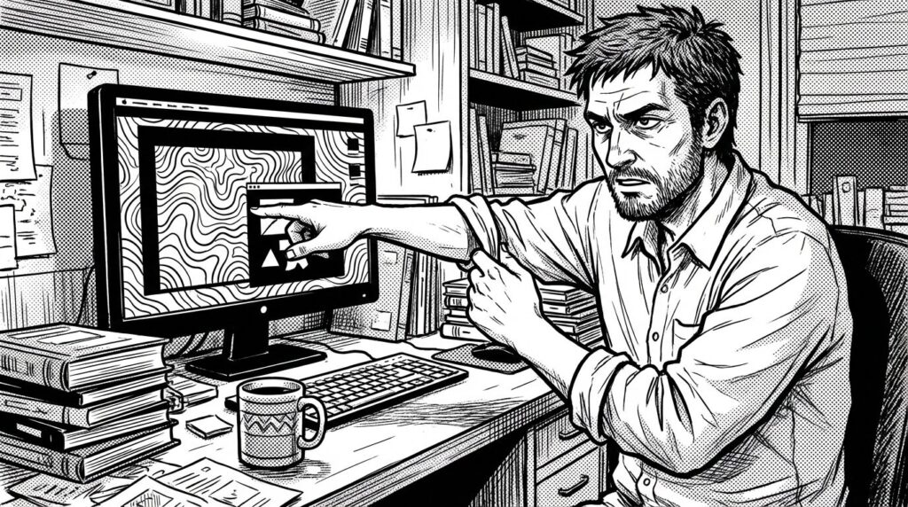 薄暗い部屋で、複数のモニターに囲まれたエンジニアが、Apacheの設定ファイル(httpd.conf)を慎重に編集している様子。画面には複雑なコードが表示され、緊張感が漂うイラスト