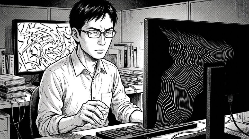 PC画面に表示された「503 Service Temporarily Unavailable」のエラー表示を見て、エンジニアが冷静に黒い画面でログ(error_log)を確認し、原因を特定しようとしている様子のイラスト