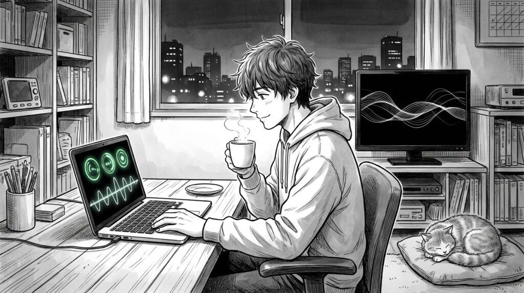 夜のオフィスで、エンジニアが自分のPC画面を見ている。画面にはターミナルのログが緑色で流れ続け、正常に稼働しているサーバーのモニタリンググラフが表示されている。コーヒーを飲みながら、安定稼働しているシステムを満足げに見守っている様子