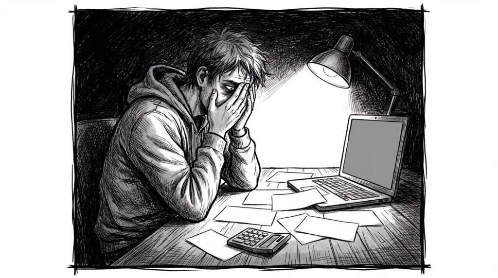 深夜のデスクで電卓と請求書を見比べながら頭を抱えている男性エンジニアの線画イラスト