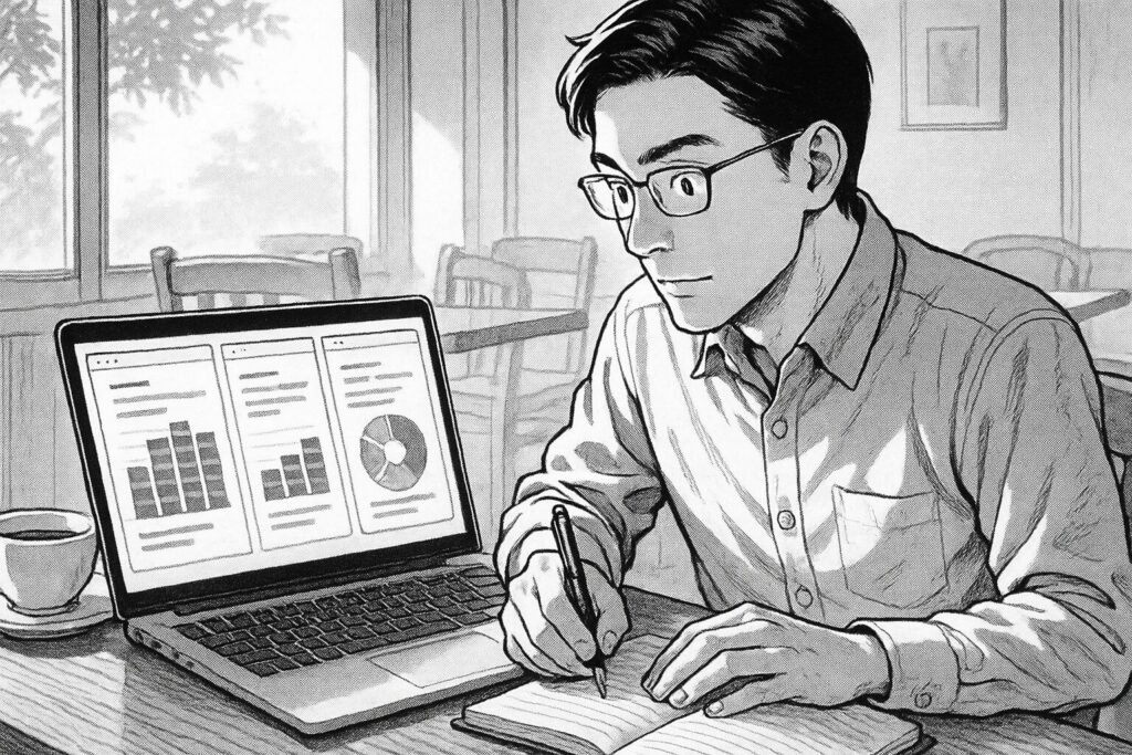 カフェでノートPCを開き複数の案件募集サイトを見比べて相場をリサーチしているエンジニアの線画イラスト