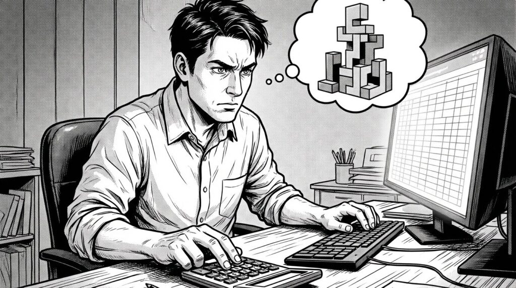 クライアントとの商談中に電卓を叩きながら見積書を作成し提示しているエンジニアの線画イラスト