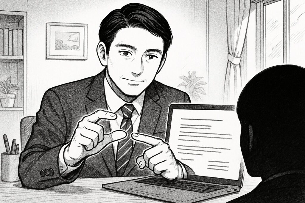 オンラインミーティングでクライアントからの値引き要求に対して作業範囲の調整を提案しているエンジニアの線画イラスト