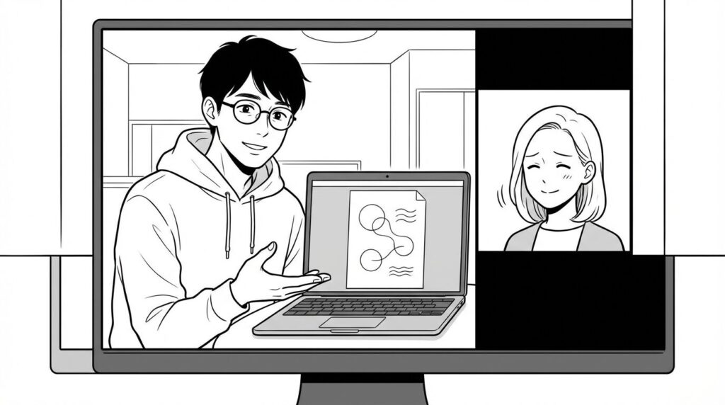 オンラインでクライアントにWordPressの操作マニュアルを見せながらレクチャーしているエンジニアの線画イラスト