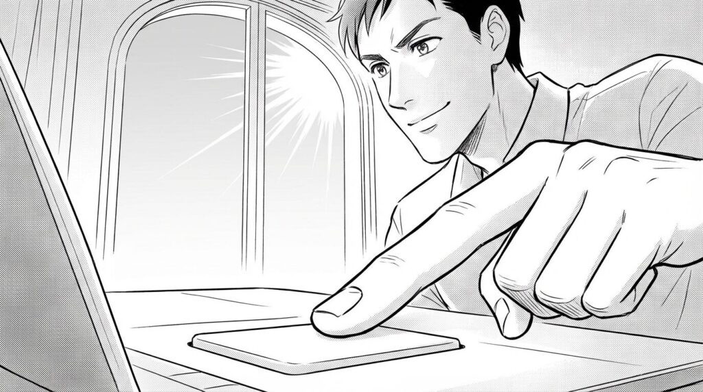 朝の光が差し込む窓辺でノートPCを開き作成した見積書を送信しようとしているエンジニアの線画イラスト