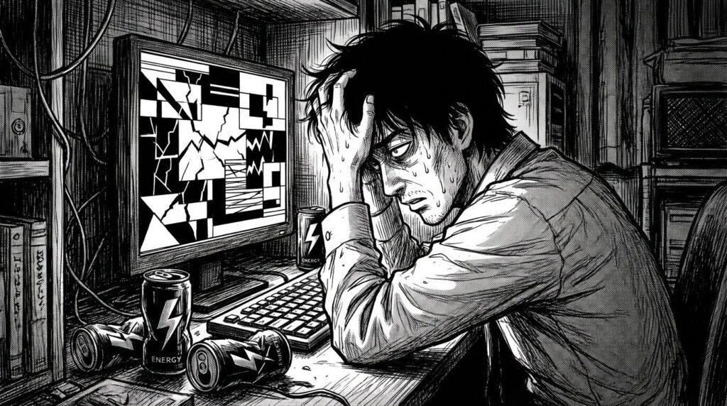 深夜のデスクでバグだらけのコードが表示されたモニターを前に頭を抱え込んでいる男性エンジニアの線画イラスト