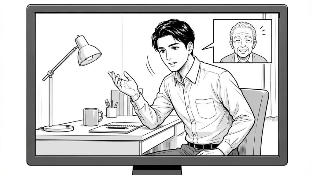 カフェでクライアントとオンラインミーティングをしながら穏やかな表情で丁寧な説明をしているエンジニアの線画イラスト