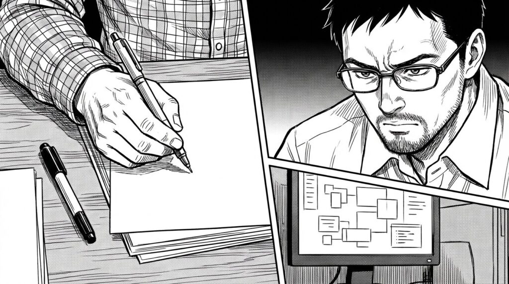 デスクで契約書を入念にチェックし重要事項にマーカーを引いているエンジニアの線画イラスト