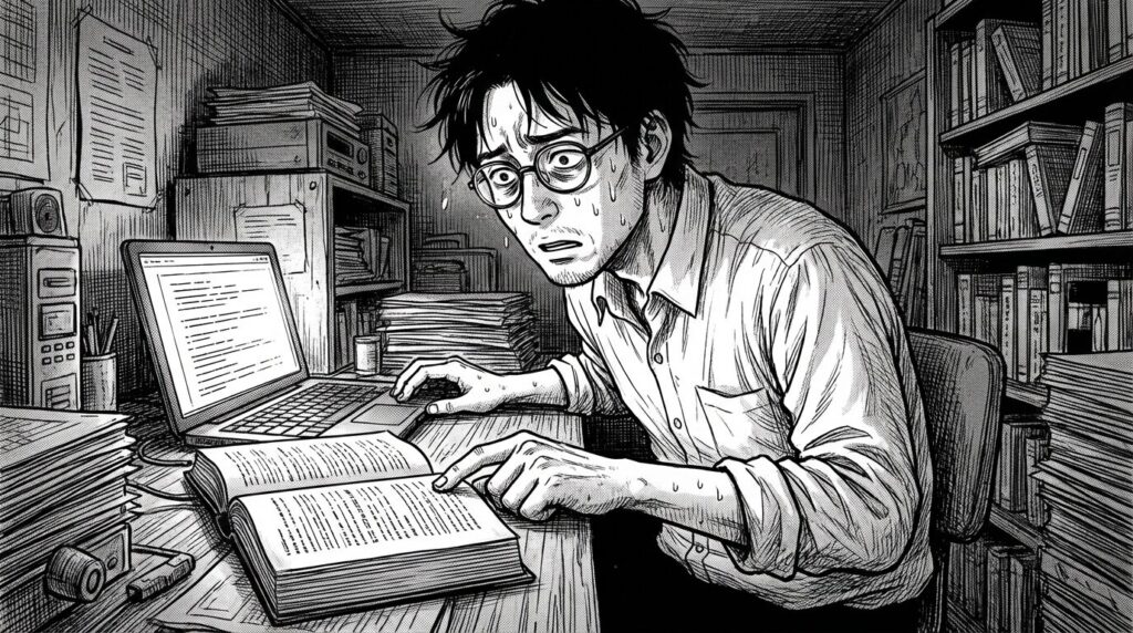 自宅の作業スペースで専門書を開きながらコードの挙動を入念に確認している男性エンジニアの線画イラスト