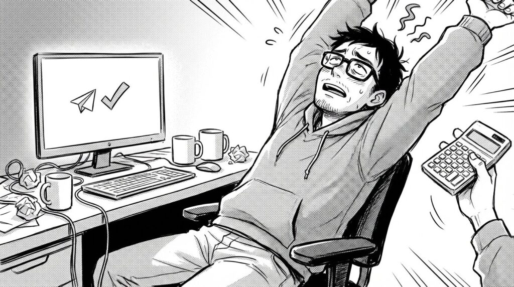 確定申告の書類作成画面を見ながら電卓を叩き安堵の表情を浮かべるエンジニアの線画イラスト