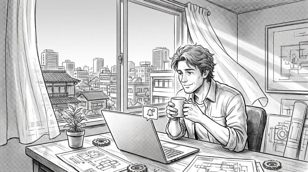 朝の光が差し込む窓辺でノートPCを開き新しい案件の通知を見て微笑む男性エンジニアの線画イラスト