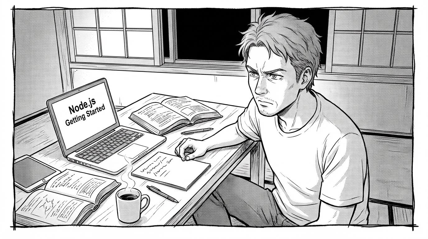 自宅のデスクでNode.jsの教材を広げ、決意を固める30代男性の線画イラスト