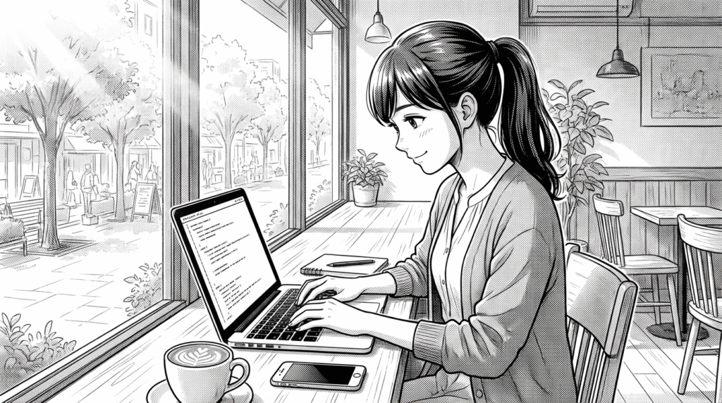カフェでノートPCを開き、Node.jsのコードを書く20代女性の線画イラスト