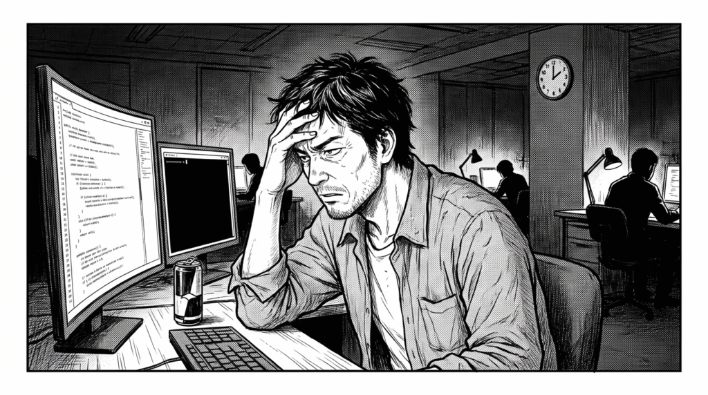 深夜、コワーキングスペースでExpressのコードをデバッグする40代男性の線画イラスト