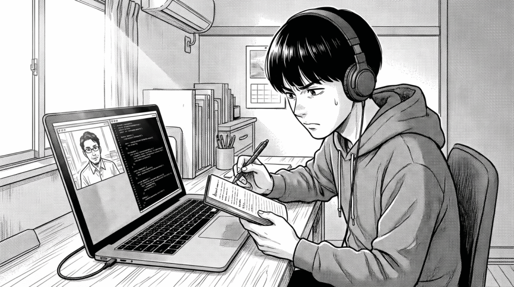 オンラインメンタリングでJWT認証の実装について相談する受講生の線画イラスト