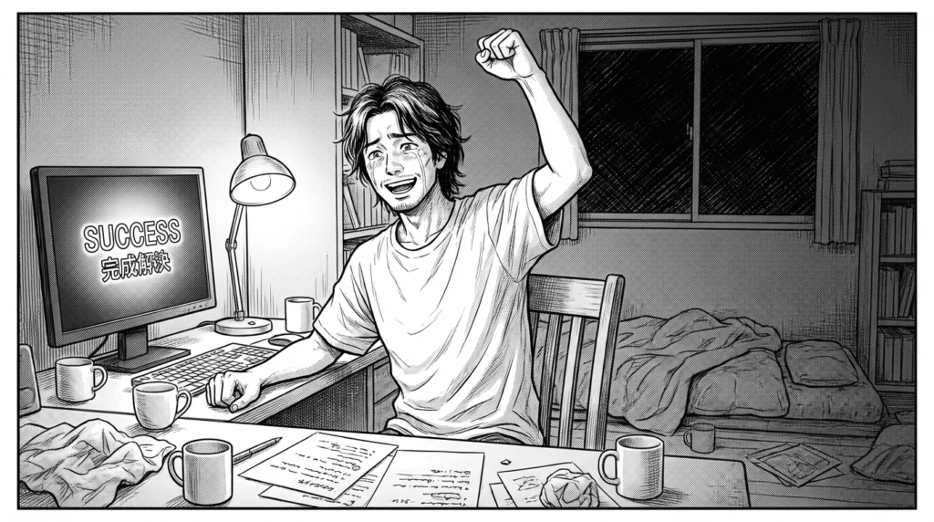 自宅で深夜、CORSエラーと格闘してようやく解決した瞬間の喜ぶ表情の線画イラスト