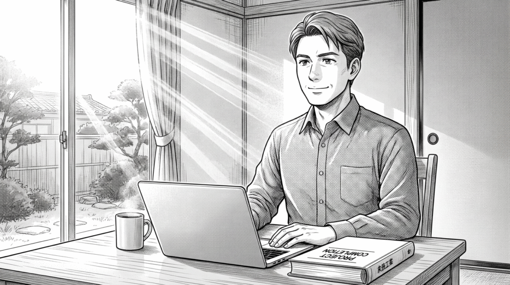 自宅でノートPCを閉じ、Node.js学習の達成感に満ちた表情の線画イラスト