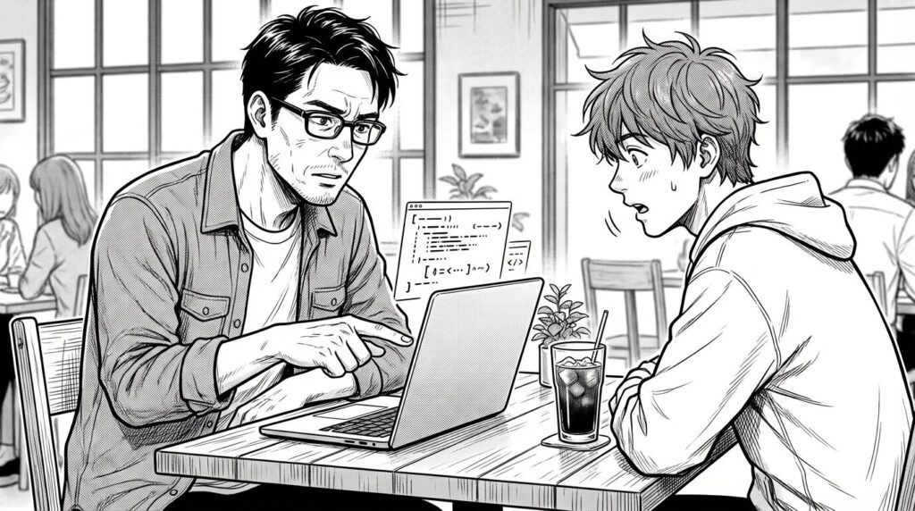 カフェで後輩にノートPCの画面を見せながらWeb制作のコードについて熱心に説明している男性エンジニアの線画イラスト