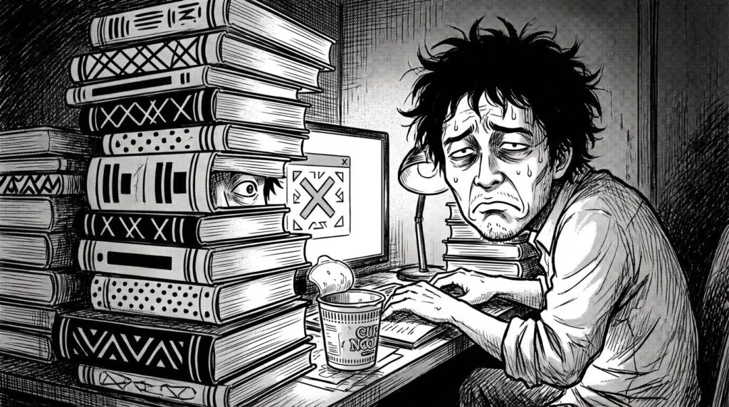 深夜の自室で分厚い専門書とPC画面を見比べて頭を抱えている男性の線画イラスト