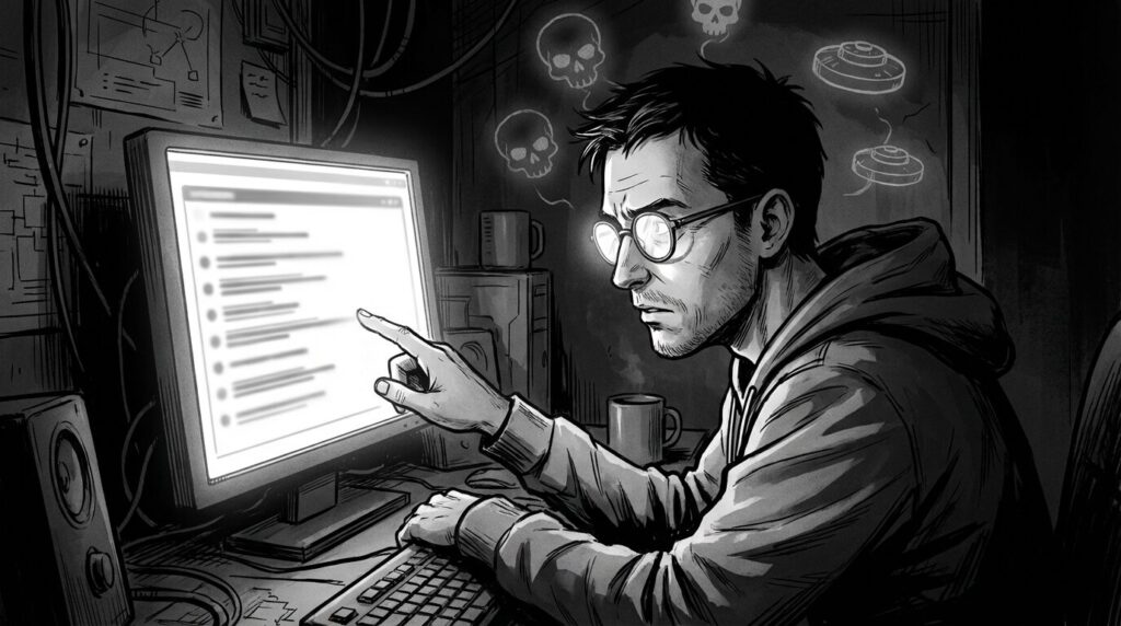 クラウドソーシングの画面を見ながら地雷案件を慎重に見極めているエンジニアの線画イラスト