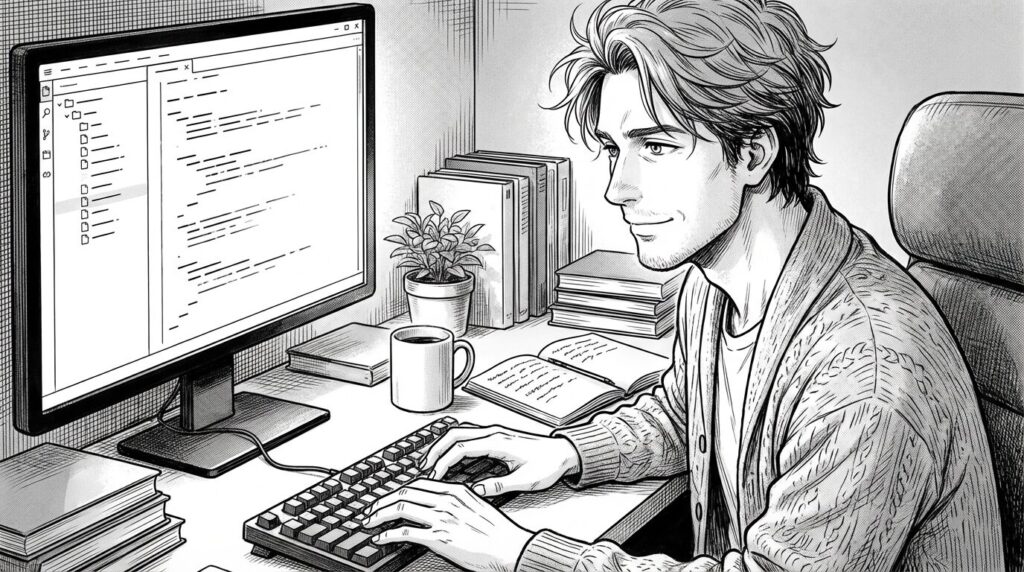 自宅のデスクでVS Codeの設定画面を開き拡張機能をインストールして環境を整えている男性の線画イラスト