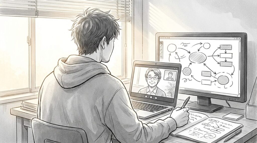 コワーキングスペースでメンターにコードの質問をして解決策を教えてもらっている男性の線画イラスト