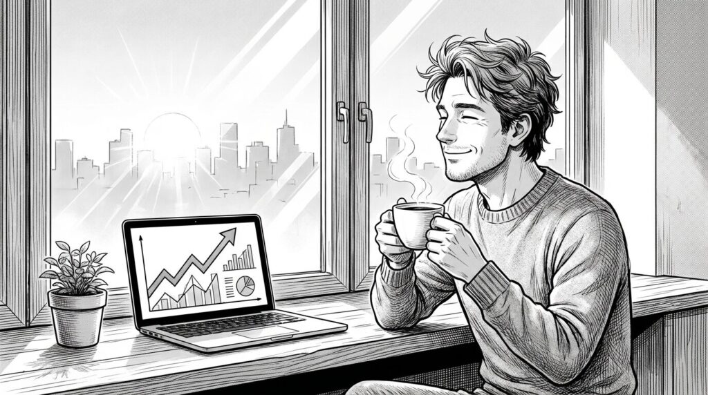 朝の光が差し込む窓辺でノートPCを開き副業の成果報酬画面を見て微笑んでいる男性の線画イラスト