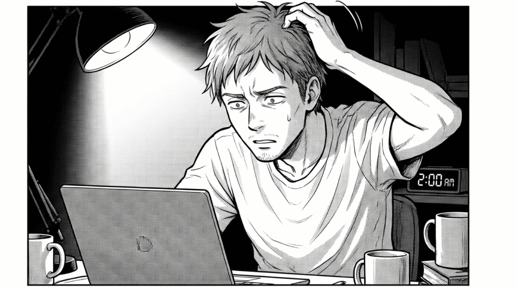 深夜にノートパソコンでコーディングに苦戦する男性の線画イラスト