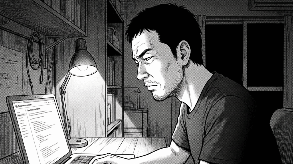 深夜の自宅で、Reactの公式ドキュメントを読みながらコードを書く40代男性の線画イラスト