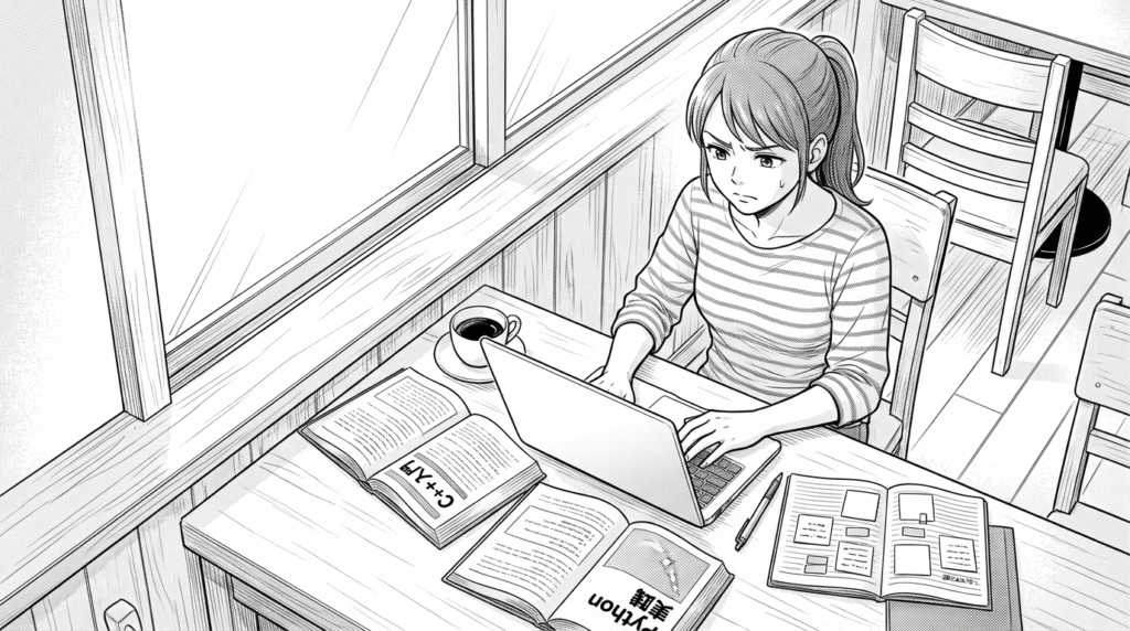 参考書を広げながら困った表情で頭を抱える女性の線画イラスト